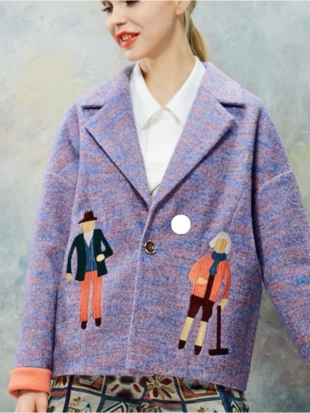 Elf Sack Lavender Multicolor Embroidered Wool Blend Coat